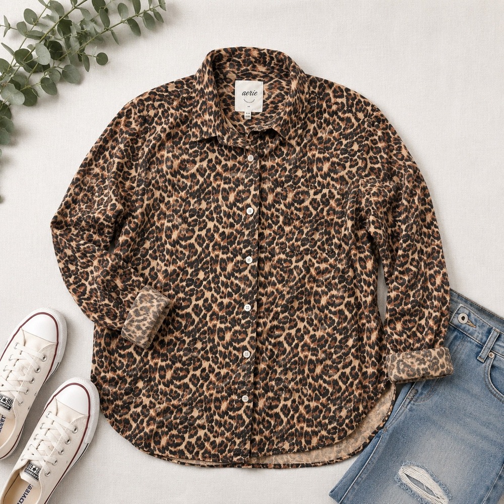 Aerie Womens Leopard Print Button Down Shirt Long Sleeve Brown XS